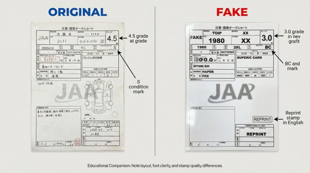 fake vs real auction sheet