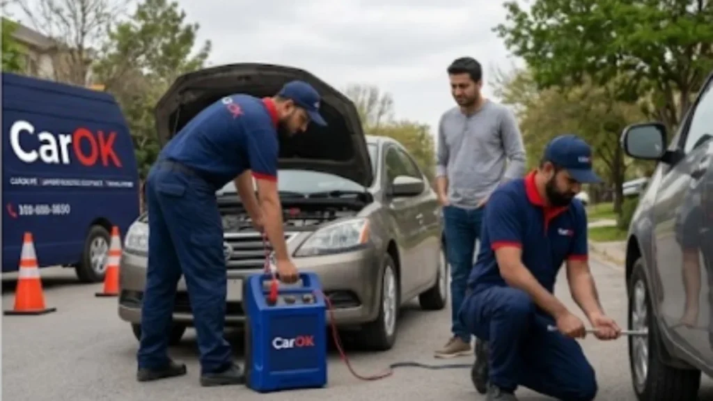 CarOK technicians providing emergency roadside assistance and battery jump-start service in Lahore.