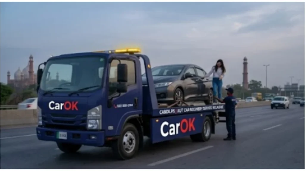CarOK flatbed tow truck providing professional car recovery service in Lahore