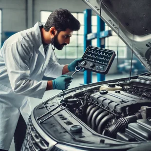 DALL·E 2025 03 17 20.10.58 A professional vehicle inspection scene in Pakistan featuring a mechanic carefully examining a car engine with diagnostic tools. The setting includes